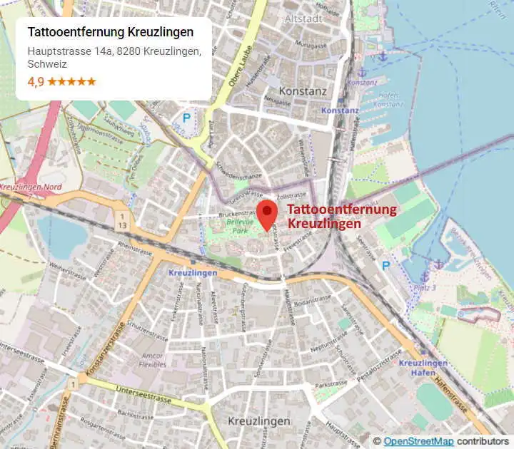 Karte: Praxis Tattooentfernung Kreuzlingen an der Hauptstrasse 14a, nahe Bahnhof Kreuzlingen und Konstanz