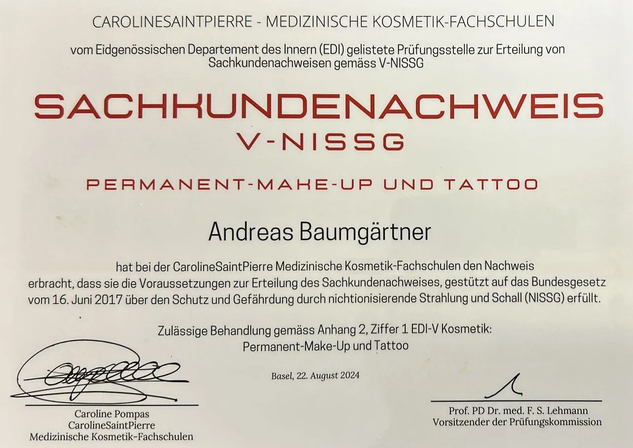 Sachkundenachweis V-NISSG für Permanent-Make-up und Tattoo, ausgestellt für Andreas Baumgärtner in Basel am 22. August 2024