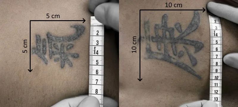 Tattoo mit Massband fotografiert: 5 x 5 cm und 10 x 10 cm als Grössenbeispiele